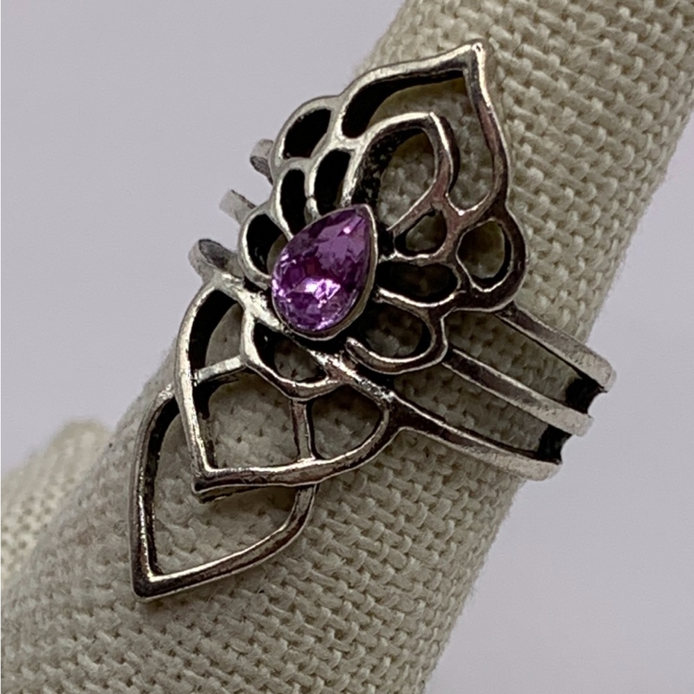 Lotus Flower Ring with Purple Stone - Boho Spiritual Yoga Ring Size 5.5